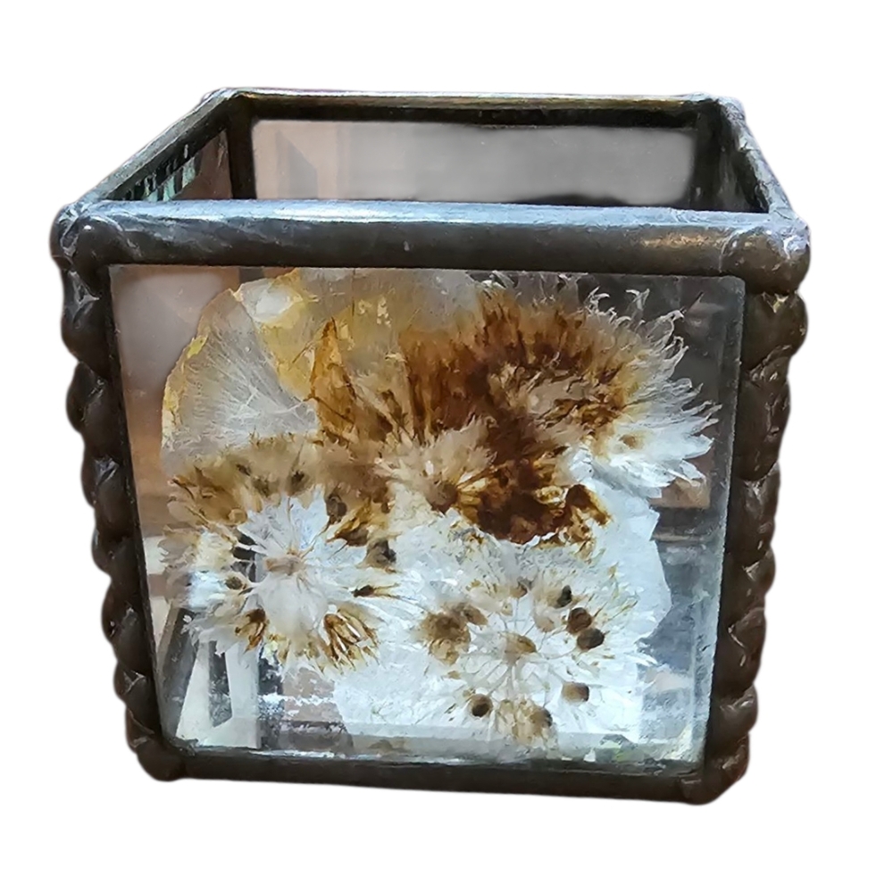 Signed Vintage Glass Cube Candle Holder with Dried Flowers 3.5x3.5 Mirrored Base